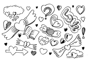 hand drawn doodles set for Valentine's Day. collection of beautiful hearts and writings Love on white background. Vector illustration.