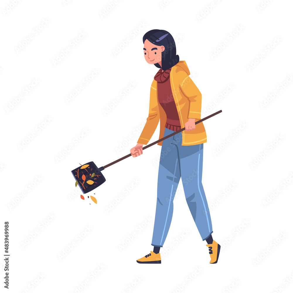 Wall mural woman character with shovel collecting garbage cleaning street vector illustration