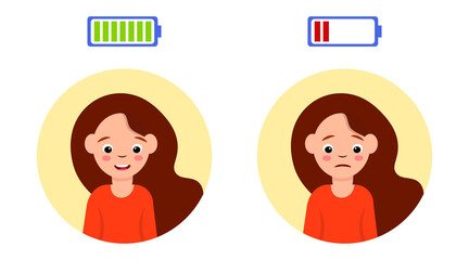 Young woman character, upset and happy mood, mental health concept, vector isolated flat concept, optimist and pessimist, positive and negative emotion thinking. Person portrait set, battery energy.