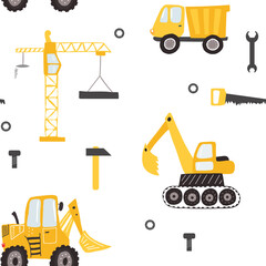 Boys seamless pattern with trucks,  bulldozer, excavatow, crane and other building equipment. Bright ornament for kids designs, wrapping paper, prints, fabric and other surface designs