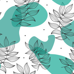Floral seamless pattern with dots and spots. Black and white leaves with outlines with blue spots on the background. Elegat pattern for fasion designs, backgrounds, prints, wrapping paper and fabrics