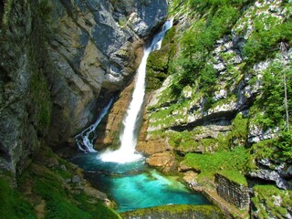 View of famous tourist destination Savica waterfall near Bohinj in Julian alps and Triglav national park, Gorenjska, Slovenia with a turquoise colored pool bellow the waterfall lit by sunlight
