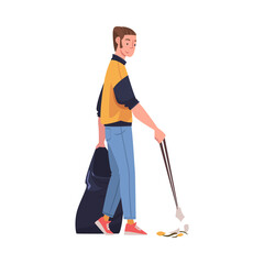 Man Character with Stick and Sack Collecting Garbage Cleaning Street Vector Illustration