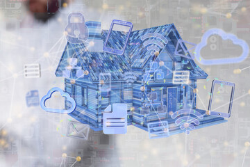 home iot - Neural network 3D illustration. Big data and cybersecurity