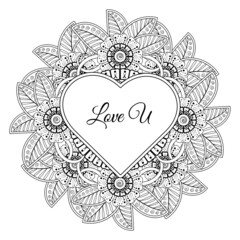 Mehndi flower with frame in shape of heart. decoration in ethnic oriental, doodle ornament.