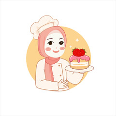Cute bakery chef girl holding a cake smiling cartoon art illustration logo