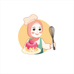 Cute bakery chef girl holding a cake smiling cartoon art illustration logo