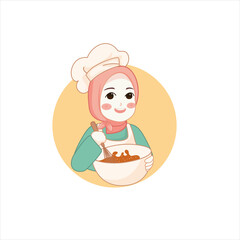 Cute bakery chef girl holding a cake smiling cartoon art illustration logo