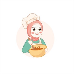 Cute bakery chef girl holding a cake smiling cartoon art illustration logo