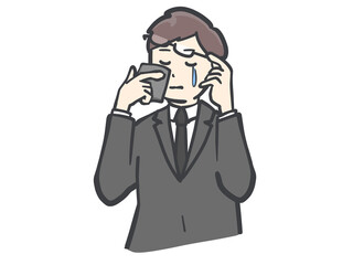 ハンカチで涙を抑える黒い服の男性のイラスト
