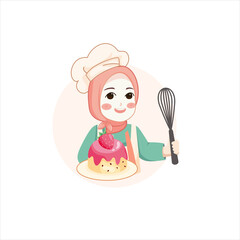 Cute bakery chef girl holding a cake smiling cartoon art illustration logo