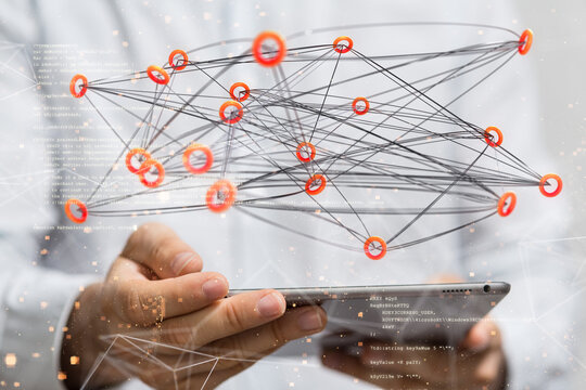 Global network. Blockchain. 3D illustration. Neural networks and artificial intelligence. Abstract