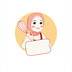 Cute bakery chef girl holding a cake smiling cartoon art illustration logo