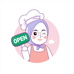 Happy cute girl muslim chef holding green open sign banner logo cartoon art illustration