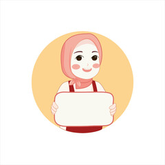Happy cute girl muslim chef holding green open sign banner logo cartoon art illustration