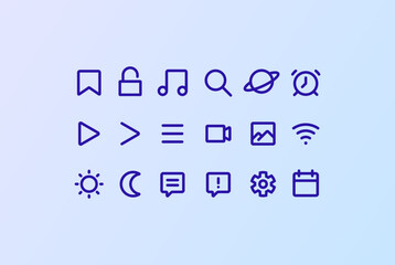 A set of trendy purple vector icons in minimalist flat style. The collection includes 18 icons in a single style for mobile and web interface design