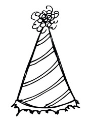 Hand drawn party hat illustration isolated on a white background. Birthday cap doodle. Holiday clip art.