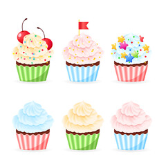 Set of cartoon cupcake icons. Illustration of birthday cupcakes decorated with cream and sprinkles. Vector 10 EPS.