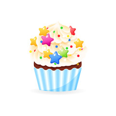 Cartoon cupcake icon. Illustration of birthday cupcake decorated with cream, sprinkles and stars. Vector 10 EPS.