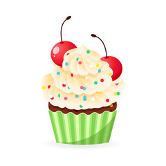 Cartoon cupcake icon. Illustration of birthday cupcake decorated with cream, sprinkles and cherries. Vector 10 EPS.
