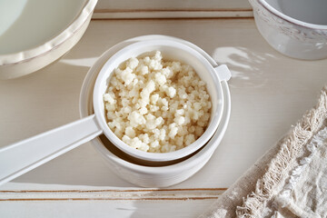 Kefir grains used to make a homemade probiotic drink, top view