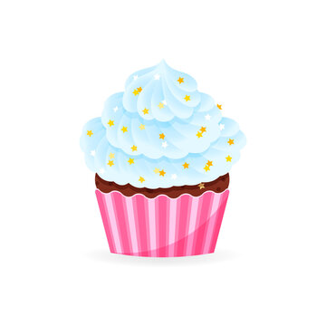Cartoon cupcake icon. Illustration of birthday cupcake decorated with cream and star sprinkles. Vector 10 EPS.