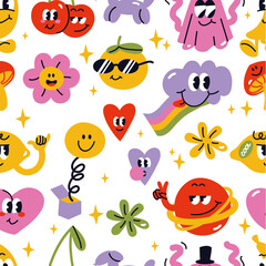 Naklejka premium Vector illustration set with abstact funny characters. Comic stickers, pins or patches. Seamless pattern.