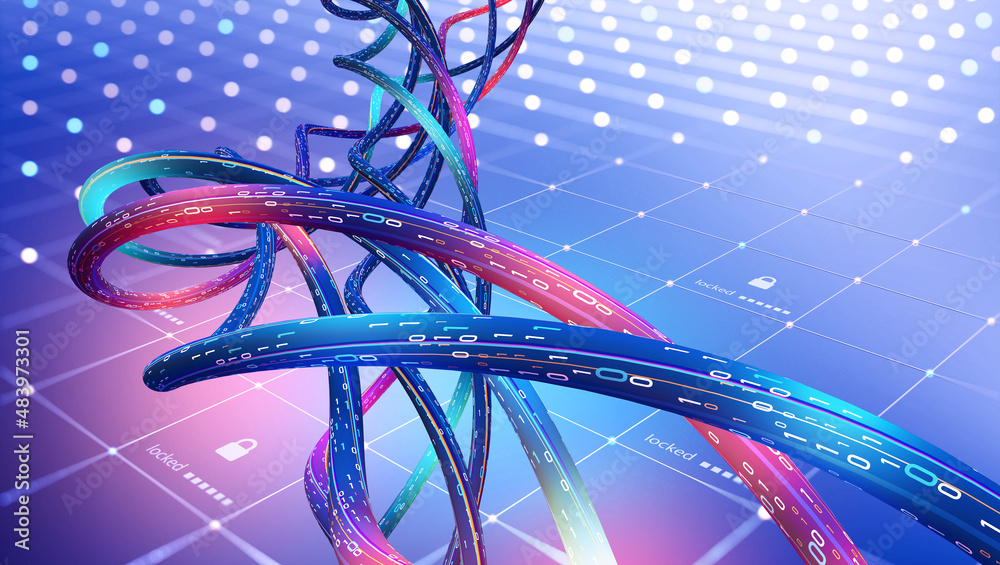 Aufkleber High-speed Internet, blockchain technology, optical data transmission. Cyberfield of encoded data. 3D illustration of woven information flows in nanostructure of network servers