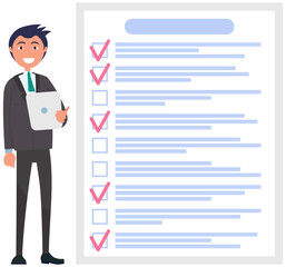 Month scheduling, to do list, time management. Businessman stands near checklist and planning. Plan fulfilled, task completed, timetable on paper sheet. Check list plan, schedule creation concept