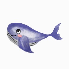 watercolor adorable whale isolated on white background