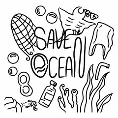Doodle illustration of plastic waste that damages the marine ecosystem. posters invite to protect the sea and marine life	