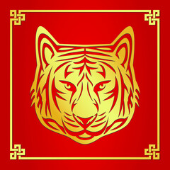 Golden tiger face in red gold chinese knots frame drawing in vector
