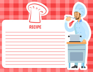 Recipe chef stands with spoon and soup pot on stove. Man preparing dish, tasting meal. Chef works with kitchen equipment to prepare food. Male character tastes ingredients of hot dish