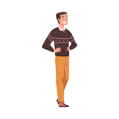 Elated Man with Arms on Hips Waiting for Somebody Vector Illustration