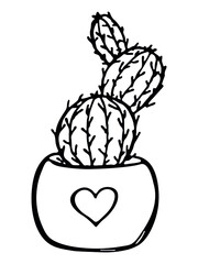 Cute hand drawn simple cactus. Houseplant in a pot. Cacti illustration isolated on white background. Cozy home doodle.