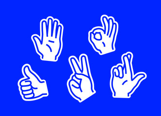 Fototapeta na wymiar Set of Hand icons. Different gestures. Hand stickers. Thumb up sign, okay, stop, crossed fingers, victory. All elements are isolated