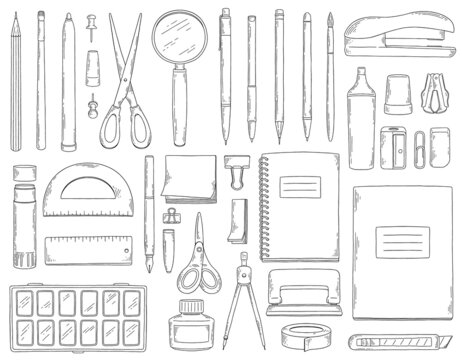 Set of hand drawn black and white stationery for office or school isolated on white background. Vector sketch illustration of objects for study.