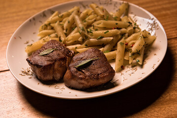 Filet and pasta macarroni