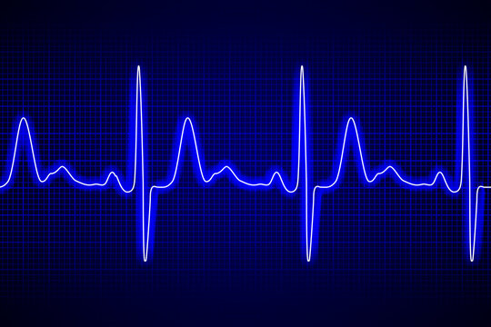 Heart beat ecg or ekg seamless neon line on blue background. Electrocardiogram graph of healsh cardio rate. Examination of human health. Medicine test cardiac rhythm and pulsating inteval.