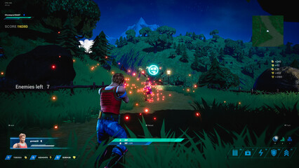 Shot of Night Video Game Mock-up Concept. Gameplay of 3D Third Person Shooter Online Multiplayer Battle Royale. Cartoon Style Fun Tactical Arcade with Running Character, Explosions. © Gorodenkoff