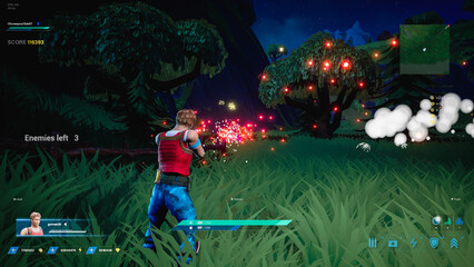 Shot of Night Video Game Mock-up Concept. Gameplay of 3D Third Person Shooter Online Multiplayer Battle Royale. Cartoon Style Fun Tactical Arcade with Running and Shooting Character. © Gorodenkoff