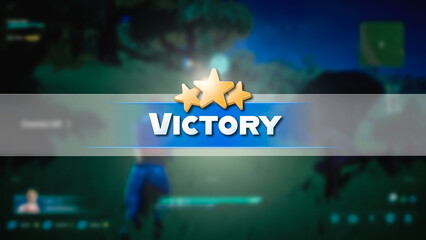 Shot of a Night Video Game Mock-up with Victory Sign and Stars. Gameplay of 3D Third Person Shooter Online Multiplayer Battle Royale. Fun Tactical Arcade with Colorful Hero Characters. Cyber Game