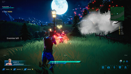 Shot of Night Video Game Mock-up Concept. Gameplay of 3D Third Person Shooter Online Multiplayer Battle Royale. Cartoon Style Fun Tactical Arcade with Running Character, Explosions. © Gorodenkoff