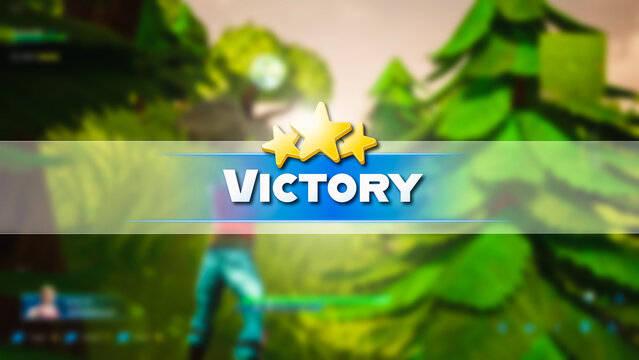 Shot of a Video Game Mock-up with Victory Sign and Stars. Gameplay of 3D Third Person Shooter Online Multiplayer Battle Royale. Fun Tactical Arcade with Colorful Hero Characters. Cyber Game