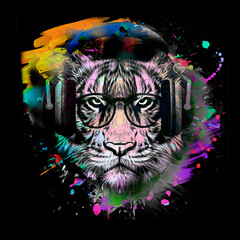 Bright abstract colorful background with tiger dj, paint splashes color art