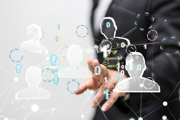 holding 3D rendering group of blue people