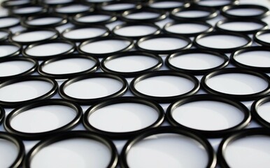 black, plastic circles of the same diameter on a white background, abstraction, background