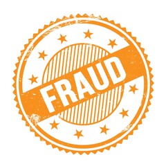 FRAUD text written on orange grungy round stamp.