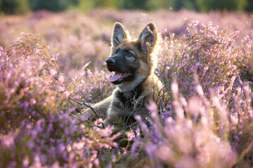 German shepherd pup lying down in purple heather