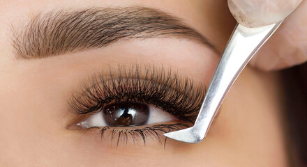 Extension of the lower eyelashes. a young woman undergoes a close-up eyelash extension procedure. Tweezers. Down below